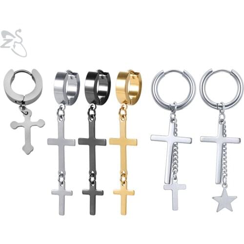 ZS 1 Pair Cross Pendant Stainless Steel Earring For Women Men Hip Hop Rock Biker Drop Earring Black Color Dangle Ear Piercings