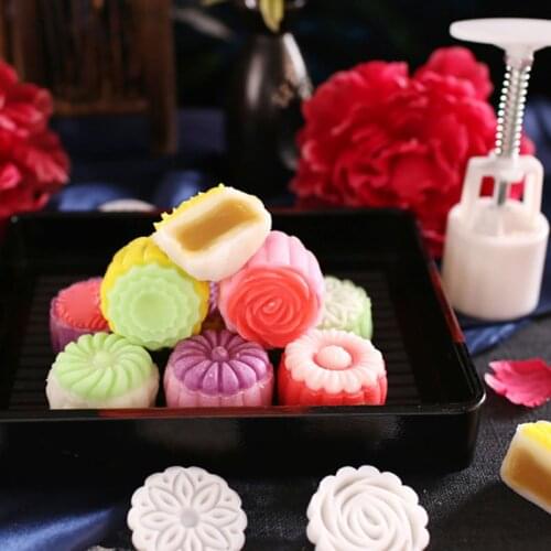 4pcs 3D Flower Stamps Moon Cake Decor Mould Barrel Round Mooncake Mold 125g Pastry Mooncakes Hand DIY Tool
