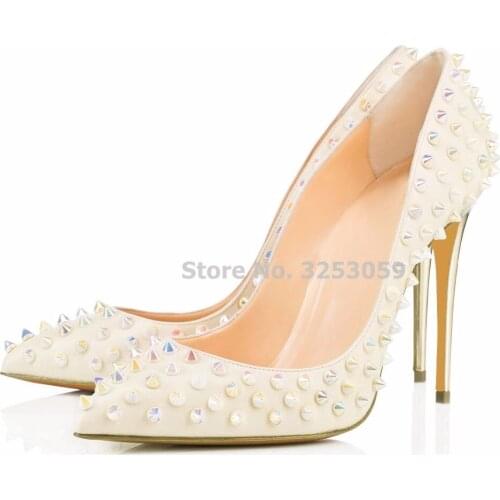 ALMUDENA Newest Rivets Pointed Toe 12cm High Heel Shoes Designer Slip-on Studded Gladiator Shoes Nightclub Pumps Wedding Heels