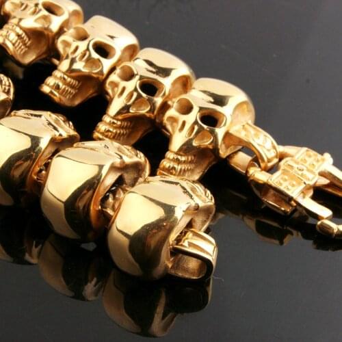 High Quality Stainless Steel Gold Skeleton Skull Head Chain Biker Jewelry Bracelet Wristband For Mens Jewelry Christmas Gift