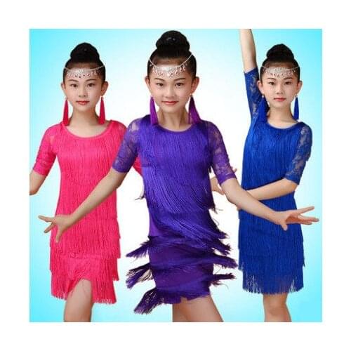 Children Latin Dance Clothes More Color Tassel Skirt Kids Ballroom Cha Cha Stage Competition Dress Up Dancing Girls Half Skirt