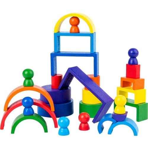 Hot natural Wooden Toys DIY Assembled House Rainbow Building Blocks Set Children Montessori Early Learning Stacked Balance Toys