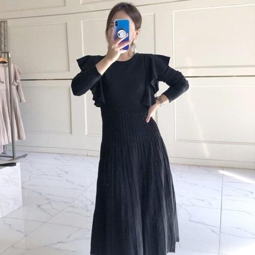 Elegant Dresses for Women Patchwork Sweater Dress Korea Chic Autumn O-Neck Robe Slim Clothes Long Sleeve Lace-up Knitted Dresses