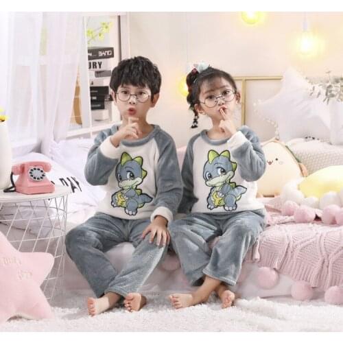 Flannel Dinosaur Sleepwear Autumn Winter Warm Sleepwear Kids Pyjamas Girls Boy Pajama Sets Childrens Clothing Boys Pijama Set