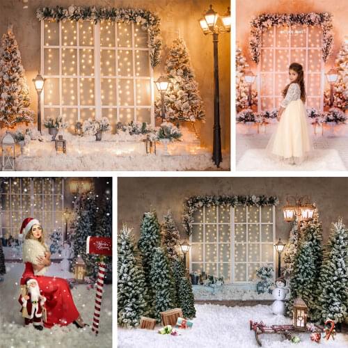 Christmas Backdrop Warm Street Light Decorative Window White Snow Field Christmas Tree Photography Background For Photo Studio