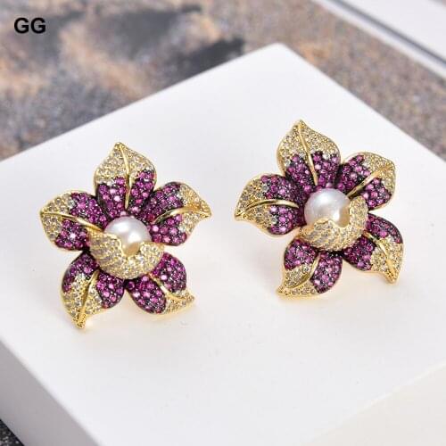 GuaiGuai Jewelry Cz Pave Pearl Earrings White Pearl Yellow Gold Plated Cz Flower Stud Earrings