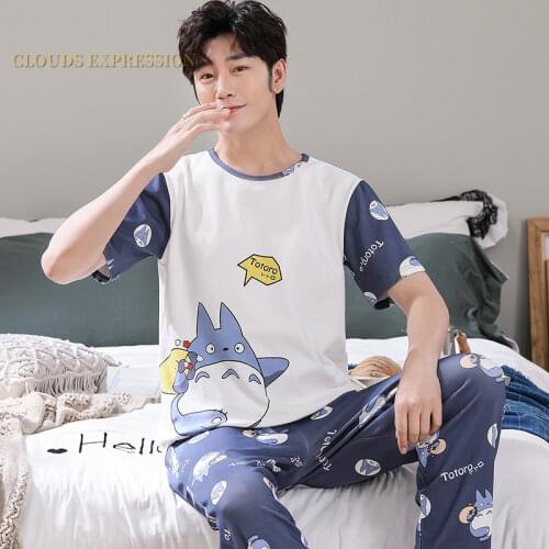 Summer Knitted Cotton Cartoon Mens Pyjamas Pajamas Casual Short Tops +Long Pants Sets Mens Sleepwear Night Pijamas 3XL Homewea