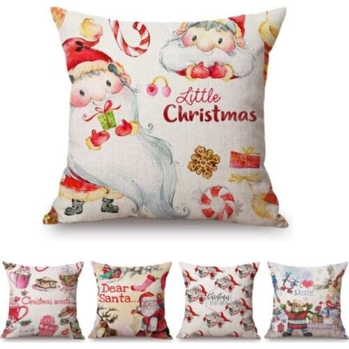 Cute Lovely Cartoon Santa Claus Watercolor Christmas Art Home Decorative Pillow Case Children Gift Cotton Linen Cushion Cover