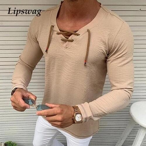 Autumn Long Sleeve Casual T Shirts For Men Solid Color Drawstring V-Neck Pullover 2021 Spring Fashion Male Slim Tops Streetwear