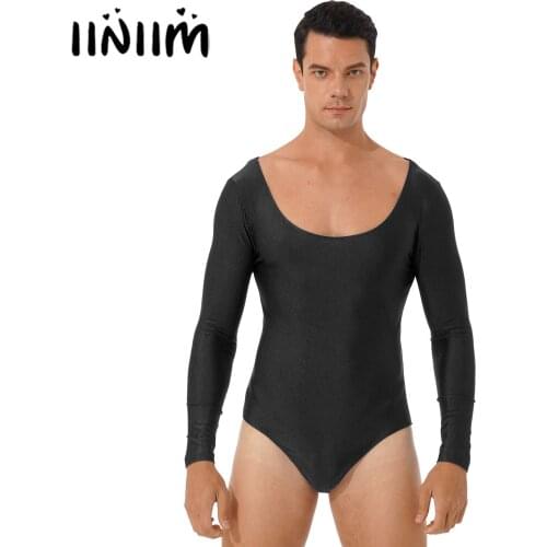 Mens Round Neck Long Sleeve Bodysuit Solid Color Stretchy Romper Playsuit Sport Workout Gym Fitness Leotard Jumpsuit
