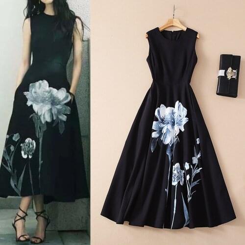 New summer 2021 womens French sleeveless vest skirt with printed waist down and slim swing dress