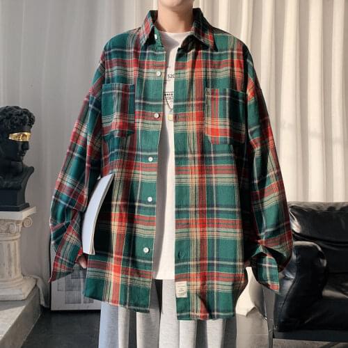 Spring And Autumn Plaid Shirt Men Korean Fashion Loose Business Casual Long-sleeved Shirt Men Streetwear Retro Tooling Shirt Men