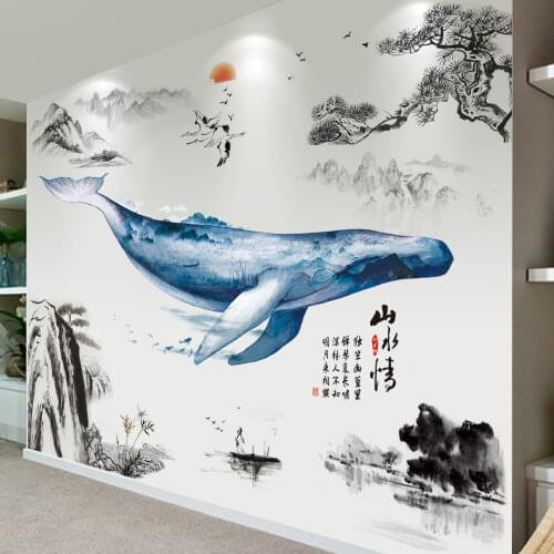[shijuekongjian] Whale Fish Wall Stickers DIY Mountain River Wall Decals for Living Room Baby Bedroom Nursery House Decoration