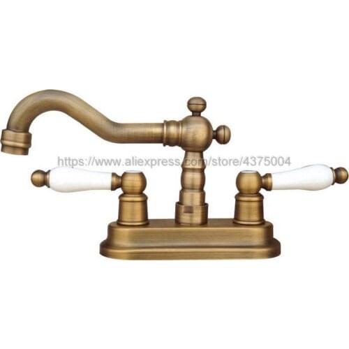 Bathroom Faucet Antique Brass Deck Mounted Two Holes Bathroom Vessel Sink Faucet Tap Dual Handle Basin Mixer Taps Nnf326