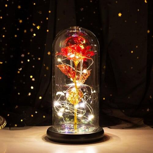 LED Light Artificial Flowers In Glass Dome Gold Foil Galaxy Rose Flower With Fairy String Lights For Valentines Day Gifts