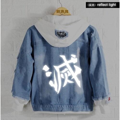 Anime Demon Slayer Kimetsu no Yaiba hoodie Coat Kamado Tanjirou Hashibira Inos Men Hooded reflect light Women Denim Jacket