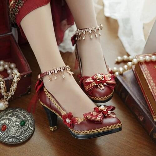 Chinese Lolita Shoes Sweet Women Lolita Wedding Shoes Diamond Lace Bow Slingbacks Pumps Pointed Toe Ankle Strap Heels Loli Cos