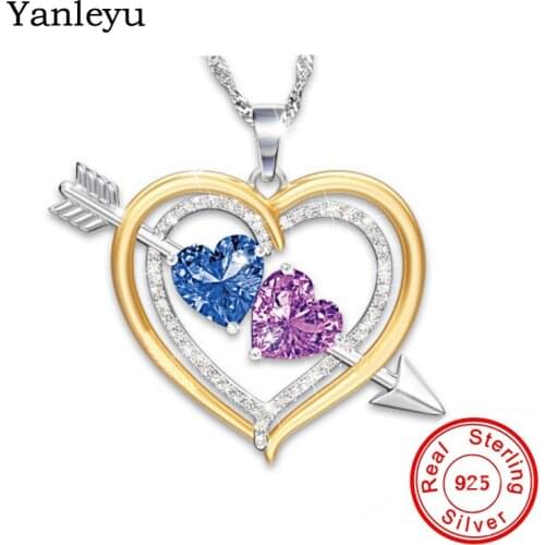 Yanleyu Cupids Arrow Double Heart Pendant Necklace 100% 925 Sterling Silver Cubic Zirconia Jewelry Valentines Day Gift PN056