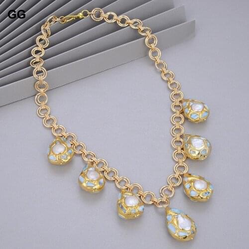 GuaiGuai Jewelry 21" Blue Larimars Chips Gold Plated link Chain Festoon White Coin Freshwater Pearl pendant Necklace For Women