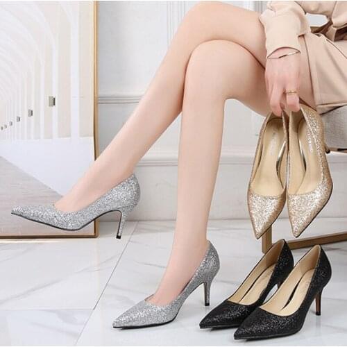 Women New Style 7.5cm High Heels Glitter Pointed Stiletto Brand Shoes Female Plus Size 35-44 45 46 Pumps