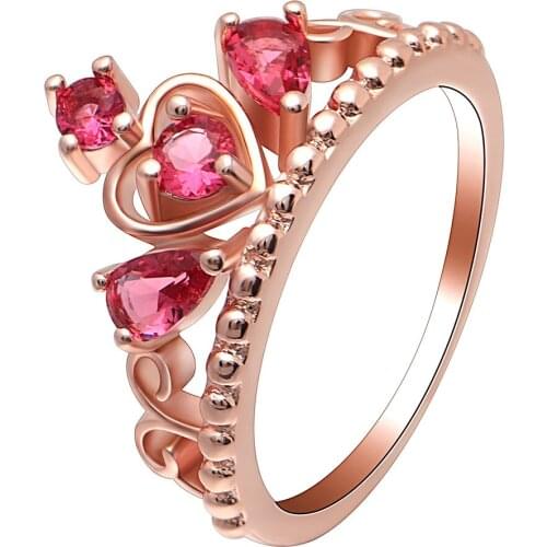 Hainon New Rose Gold Color Crown Rings for Women Rose Red CZ Zircon Wedding Promise Rings Fashion Luxury Charm Jewelry