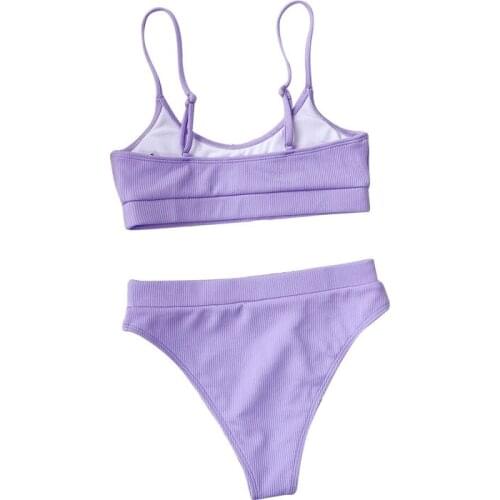 Women High Waist Bikini Set Triangle Bottom Sports Style Ladies Swimsuit Solid Color Purple Green Blue Bikini Within Chest Pad