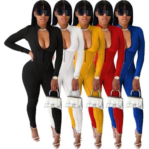 Solid Zipper Up Fitness Acrivewear Jumpsuit Women Moto Biker V Neck Long Sleeve Bandage Bodysuit Casual Sportswear Overalls