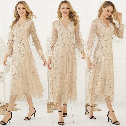 Cocktail Sequins V neck dress maxi backless dresses for women full sleeve Formal party High-waist autumn Long cut out girl dress