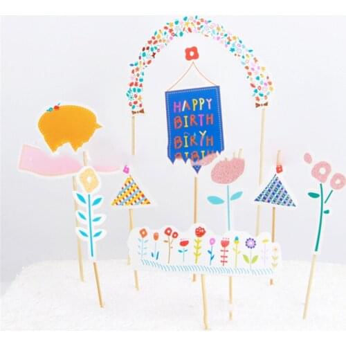 1set Flower Happy Birthday Cupcake Cake Topper Cake Flags Baby Shower Birthday Party Decoration Children Kids Party Supplies