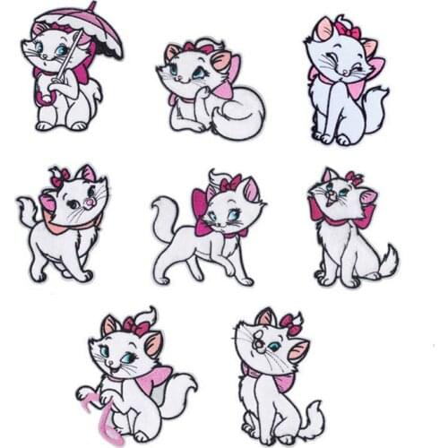 10pcs Cartoon White Cat Embroidered Iron On Patch, Adorable Kitty Hair Velveteen Movie Jacket Jean DIY Clothing Accessories