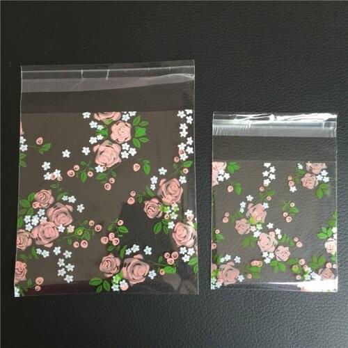 2 sizes 100pcs Beautiful Flower Clear Cookie Bag Self-adhesive Plastic Cookie Bags Wedding Gift Bag Christmas Cookie Packaging