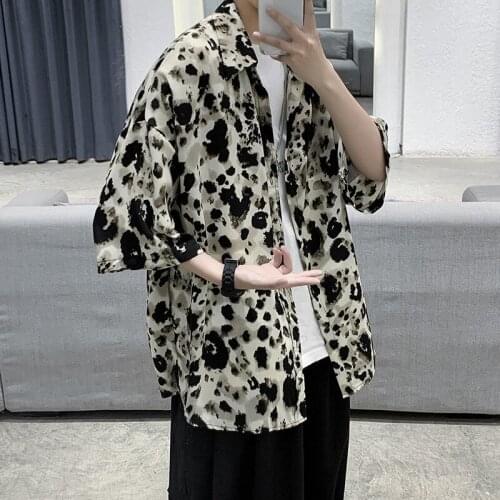 2021 Summer Mens Loose Leopard Printing Hawaiian Shirts Ice Silk Clothes French Cuff Mens Fashion Lapel Collar Shirts M-2XL