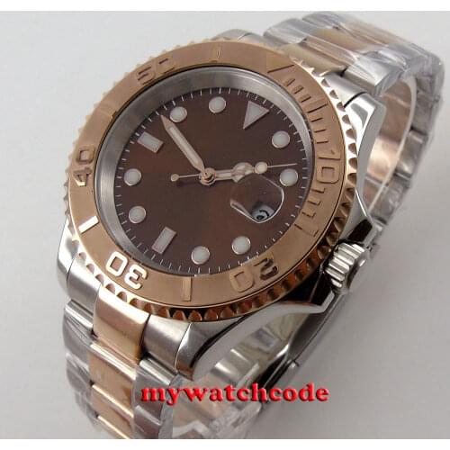 40mm bliger brown dial sapphire crystal magnifying date automatic mens watch P84