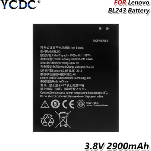 YCDC 2900mAh BL 243 BL243 3.8V Battery For Lenovo K3 Note K50-T5 K50-T3S A7000 A7600 3.8V Li-ion battery Rechargeable lithium