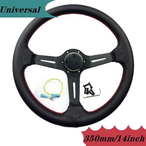 Car Universal 14inch 350MM Leather Deep Dish Drifting Sport Racing Steering Wheel Red Line Black Aluminum Frame