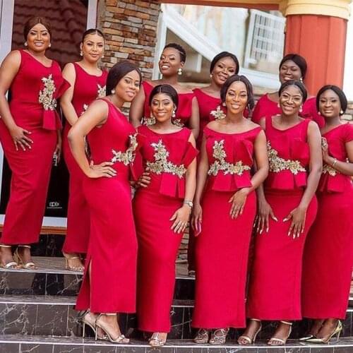 Elegant Ankle Length Bridesmaid Dress O-Neck Red Satin Maid Of Honor Dress With Gold Appliques Back Split Wedding Party Dress