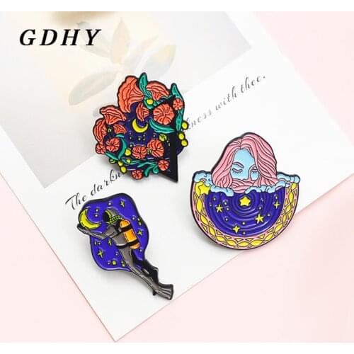 GDHY Night Sky Enamel Pins Star Moon Flower Astronaut Diver Space Cosmic Brooches beautiful girl Jewelry for Kids Wholesale