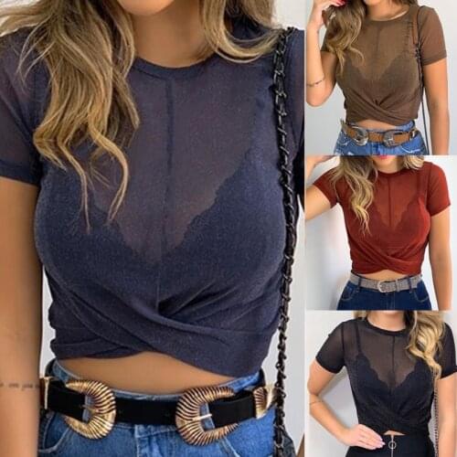 Women Short Slim T Shirt 2020 Summer New Sexy Short Sleeve Solid Color O Neck High Waist Female Cross Pleated Tops