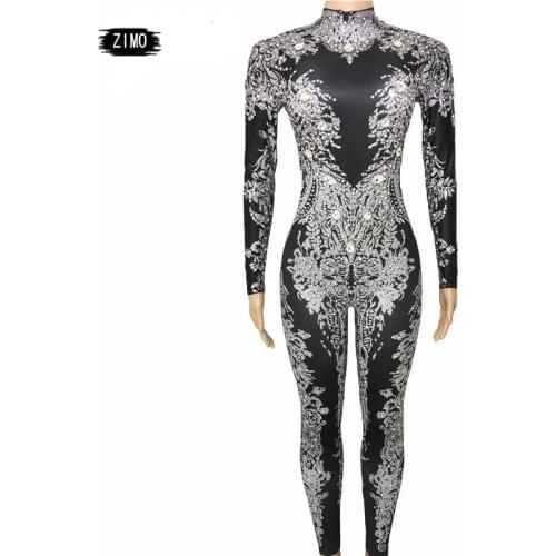 Fashion Silver Rhinestones black long sleeve Jumpsuit Women gold Glass crystal Bodysuit nightclub Performance Costume spandex