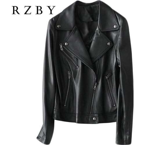 RZBY Soft Sheepskin Genuine Leather Coat Black Jacket Women Autumn Clothes Casual Genuine Leather Jacket Fashion RZBY029