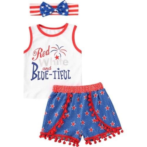 Baby Summer Clothing Infant Kids Girls Outfits 3-Piece Set Fashion Independence Day Vest + Shorts + Bow Hairband Suit