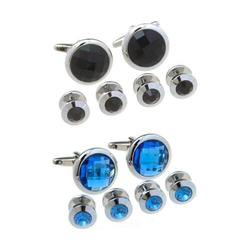 5Sets/lot Black/Blue Crystal Tuxedo Cufflinks Collar Studs Set 6pcs Set Big Glass Zircon Cuff Links Stud Set Mens Jewelry