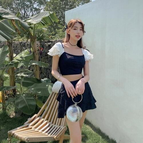 New split two-piece set small chest gathered skirt bikini conservative belly covering thin hot spring swimsuit women