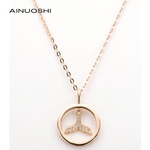 AINUOSHI 18K Rose Gold 0.029ct Real Diamond Fish Tail Circle Pendant Necklace For Women Minimalist Design Holiday Jewelry 18
