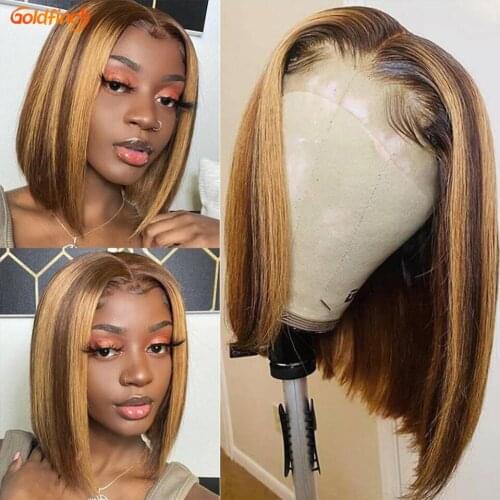 4/27 Highlight Bob Wig T Part Lace Front Human Hair Wigs For Black Women Straight Colored Bob Wigs Pre Plucked Ombre Short Wigs