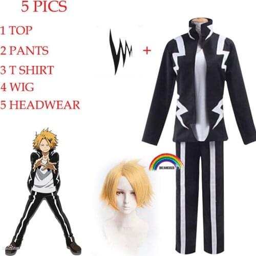 5pics Anime My Hero Academia Denki Kaminari Cosplay Wigs Short Golden Heat Resistant Synthetic Cosplay Wigs Black Lightening set