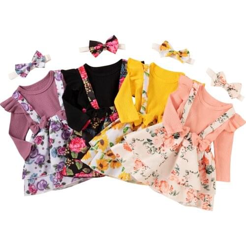 Infant Girls Casual Two-piece Clothes Set, Solid Color Fly Sleeves Pullover and Floral Printed Pattern Suspender Skirt
