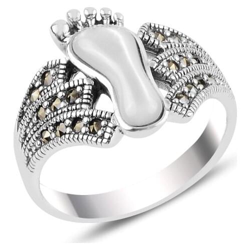 Silverlina Silver Pearlescent & Marcasite Stone Footprint Ring