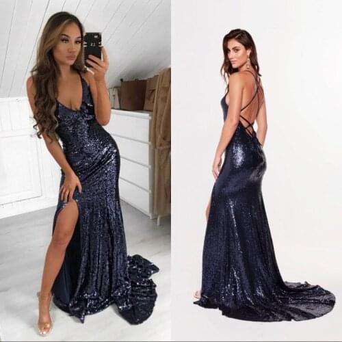 V Neck Sexy Prom Dresses Criss Cross Back Long Maid of Honor Gowns Side Split robe de soirée de mariage vestidos de fiesta