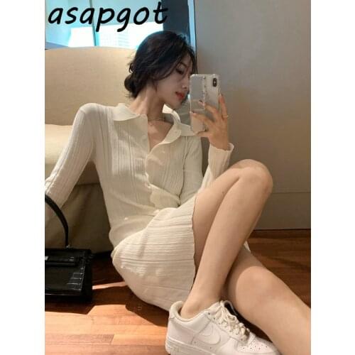 New Turn Down Collar Knitted Dress Short Autumn Temperament Slim Single Breasted White Sweater Dress Elegant Chic Korean Wild